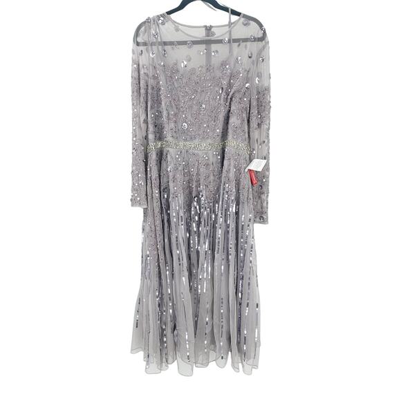 Mac Duggal Mesh Sequin Long Sleeve Belted Tea Dress Vintage Lilac Size 18 NWT - Picture 8 of 13